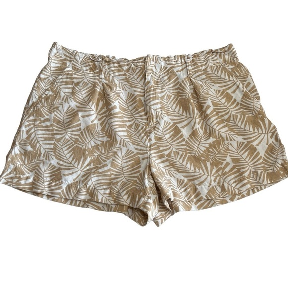 Loft Palm Leaf Print Linen Blend Neutral Colors Elastic Waist Shorts Size Large - Picture 1 of 10